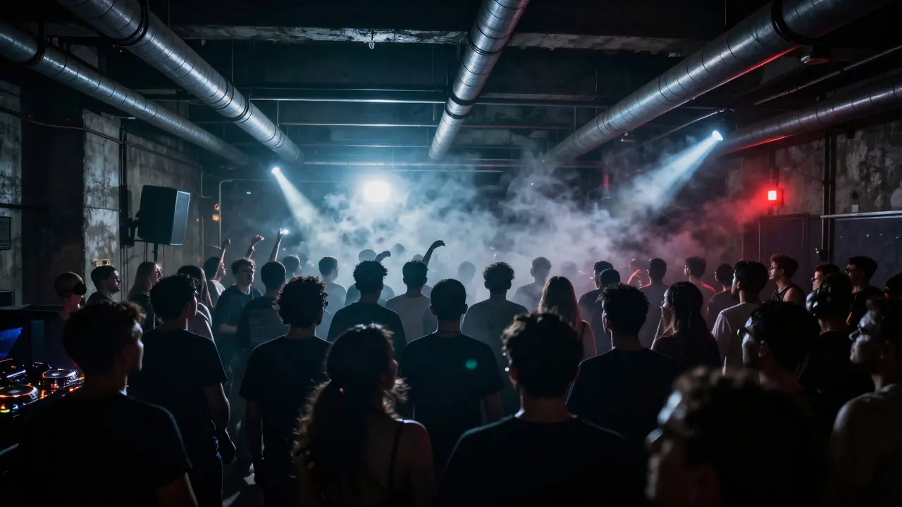 Underground techno party in a warehouse with fog, strobes, and a dense crowd moving to bass.