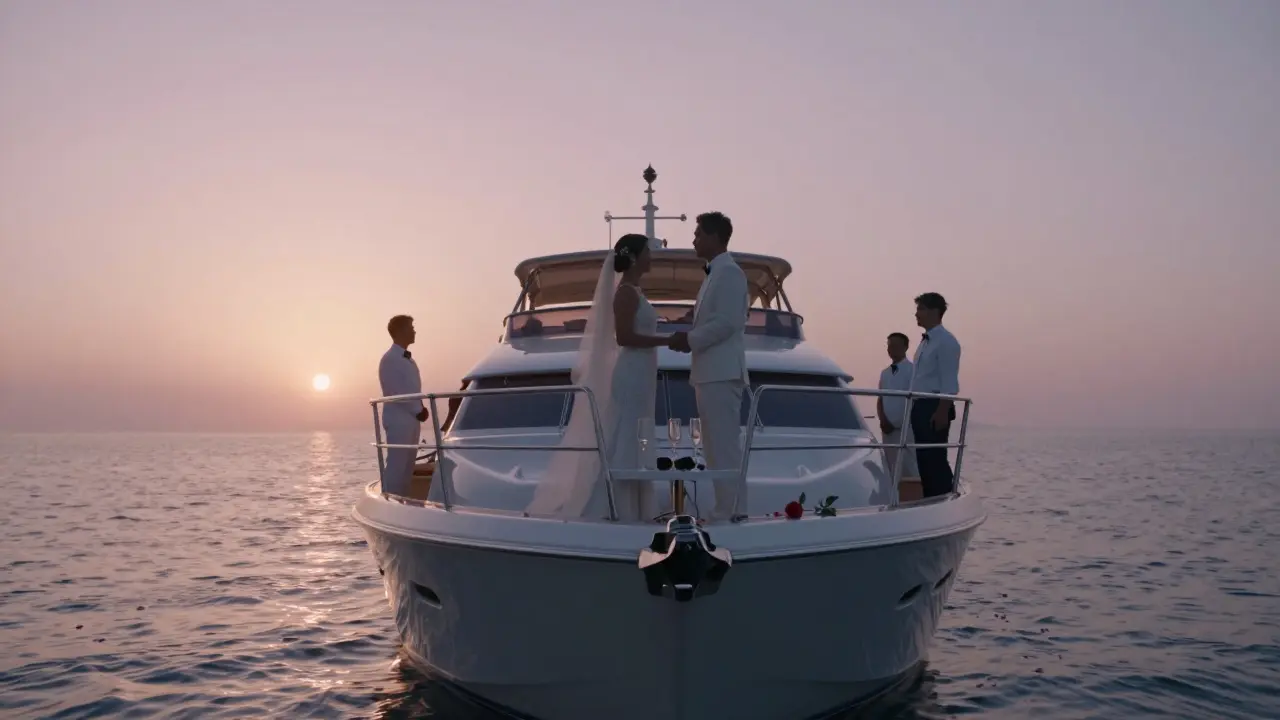 Wedding couple at dawn on a yacht bow, petals on water, sunrise casting soft light over the ocean.