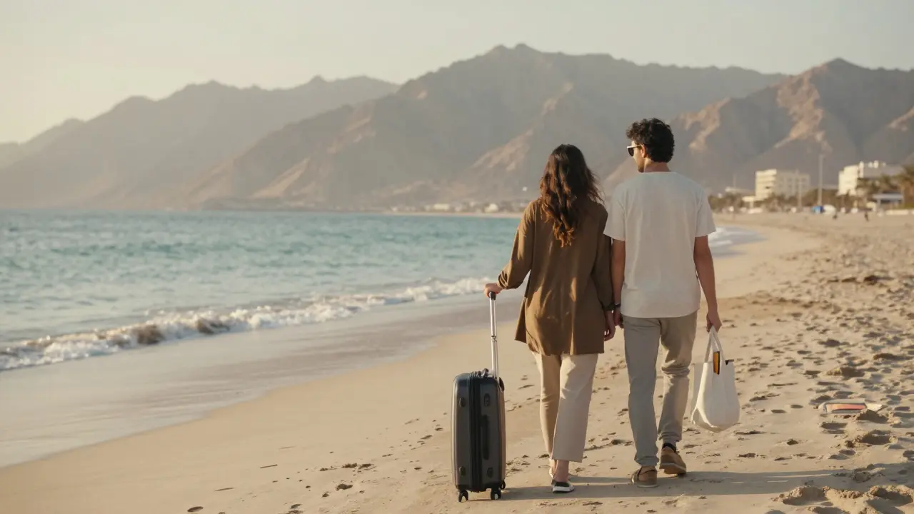 A companion and client walking peacefully along Fujairah beach at sunset.