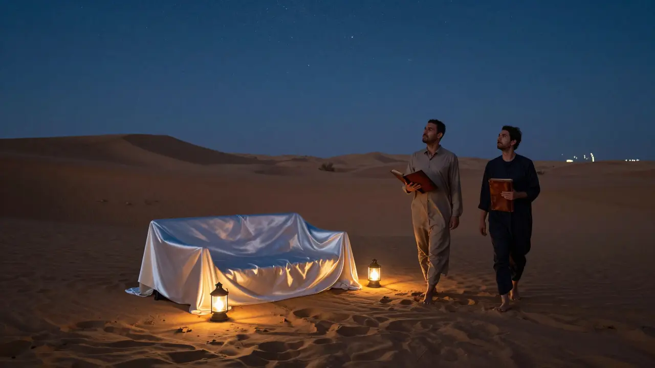 A couple walking barefoot in a desert camp under a starry sky, lanterns casting soft light around them.