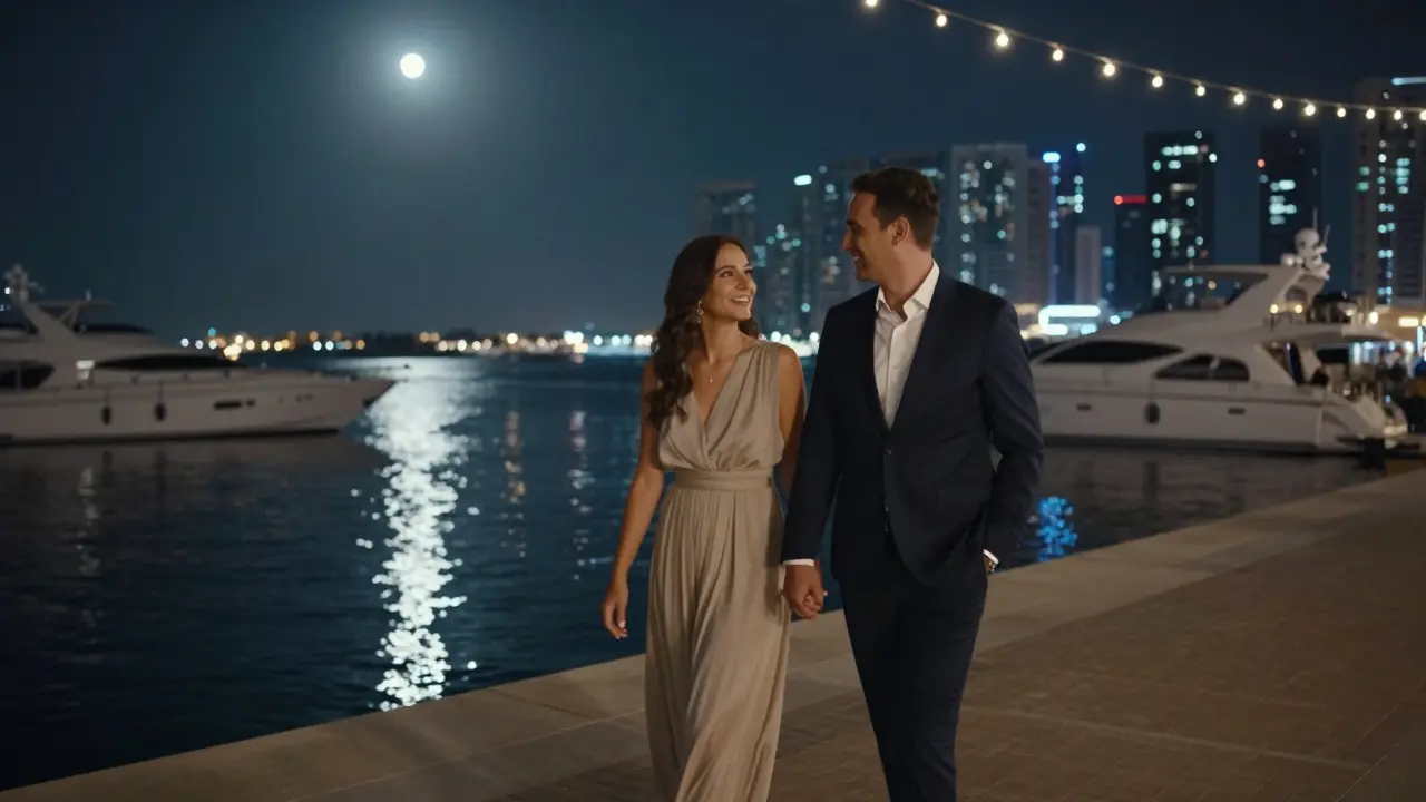 A couple walking peacefully along Dubai Marina at night, enjoying the city lights and water reflections.