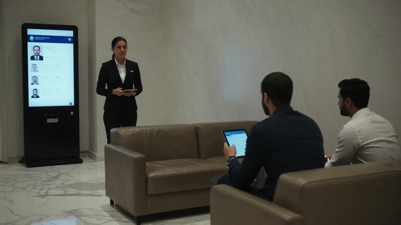 A discreet escort agency lounge with a client reviewing verified profiles on a digital kiosk.