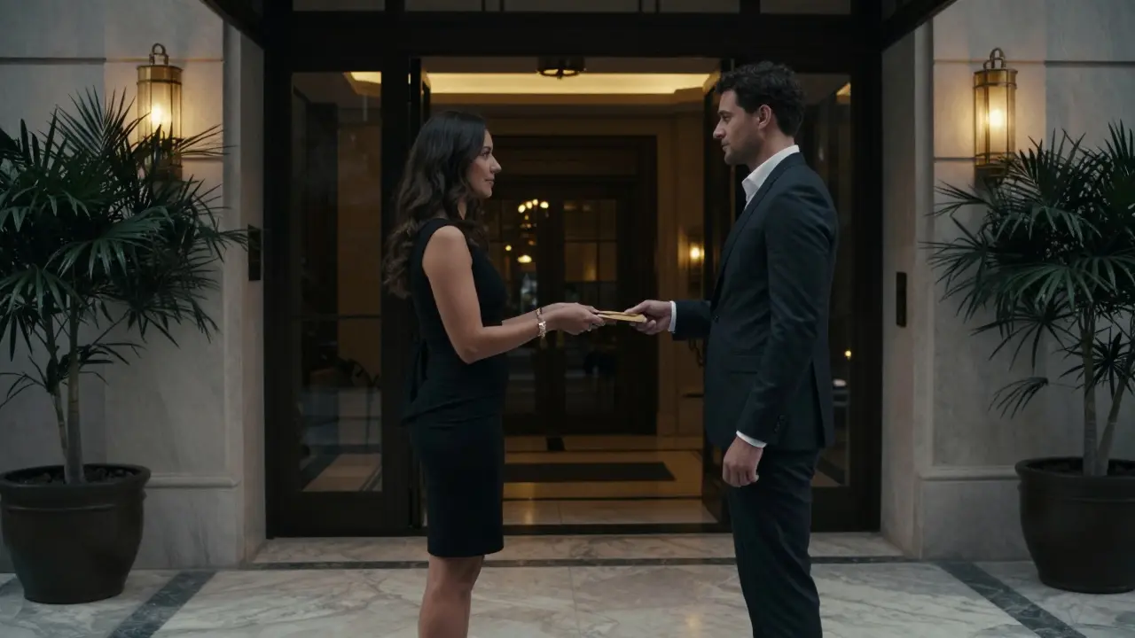 A discreet exchange in a luxury hotel lobby at dusk, silhouettes conveying quiet trust and confidentiality.