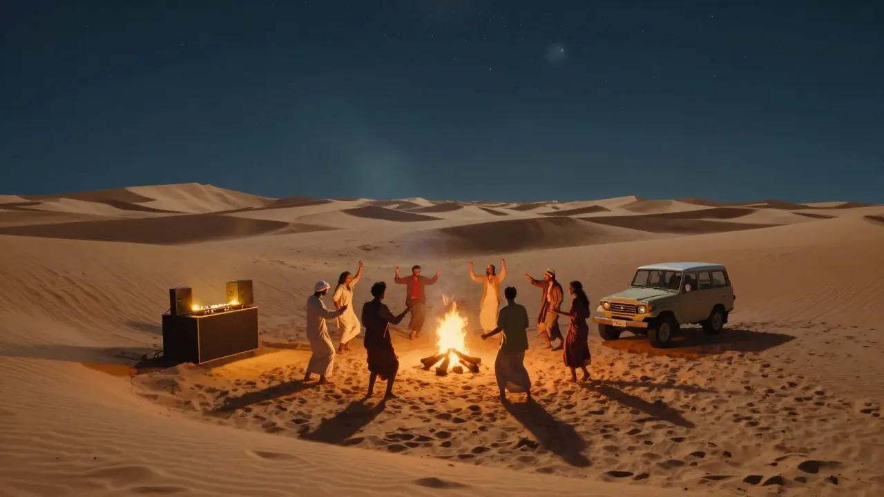 A group dancing around a bonfire on desert dunes under a starry sky in Dubai, with a DJ booth and parked SUV nearby.