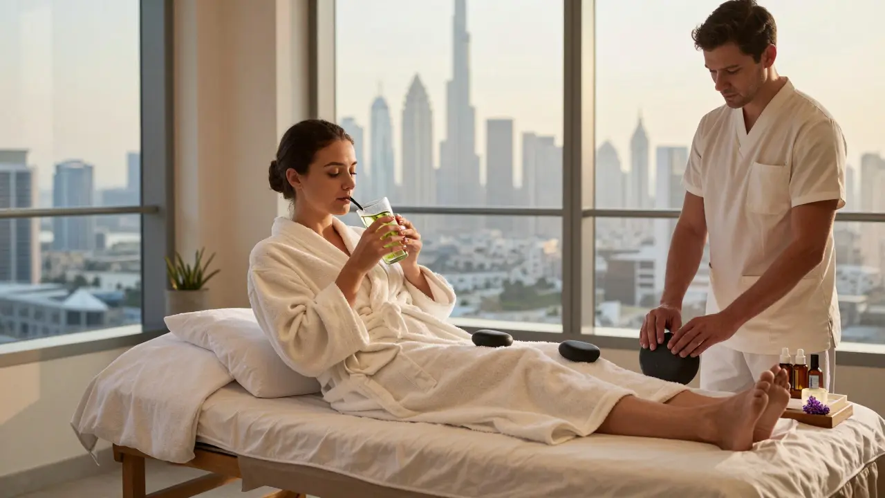 A luxury spa suite in Dubai with floating massage bed and skyline view during golden hour.