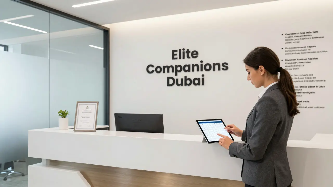 A professional companion agency office in Dubai with a business license displayed, conveying legitimacy and trust.