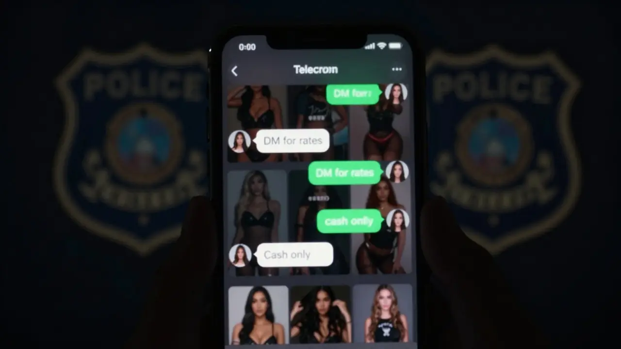 A smartphone showing suspicious Telegram messages and stolen Instagram photos, with a faint police badge in the background.