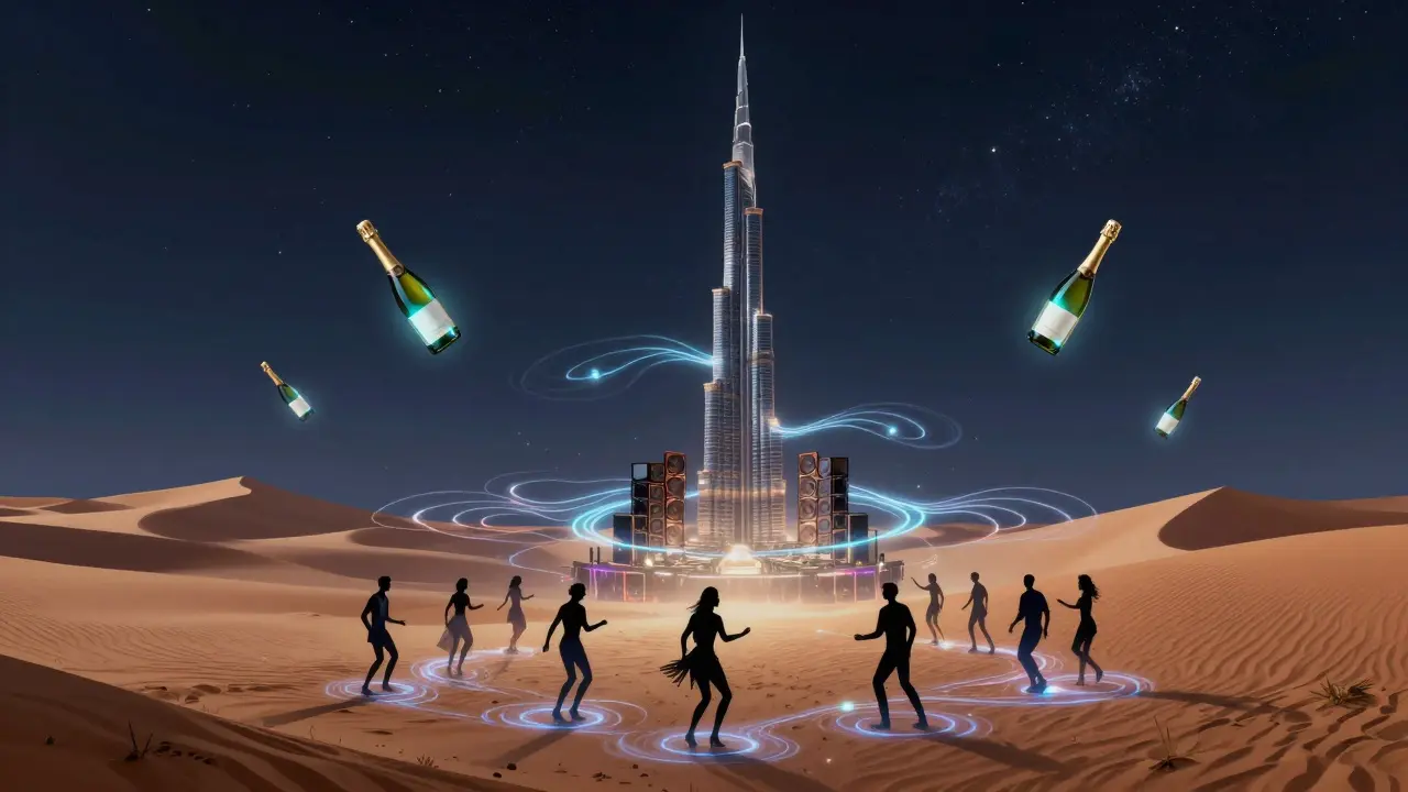 A surreal fusion of desert dunes and a glowing dance floor under the stars, with the Burj Khalifa as a speaker tower.