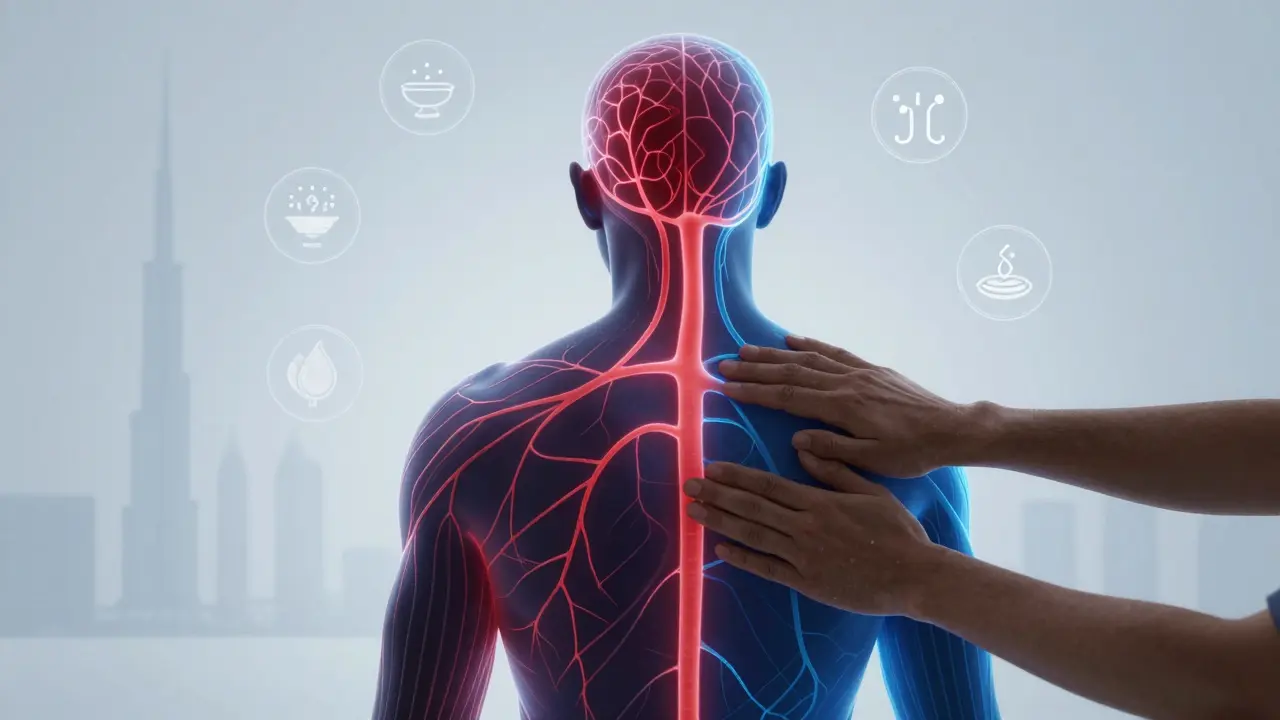 A symbolic illustration of stress relief through massage, with neural pathways shifting from tension to calm.