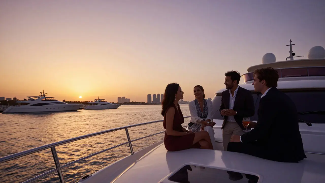 A woman on a private yacht at sunset, making subtle eye contact with a guest as the Dubai skyline glows behind them.