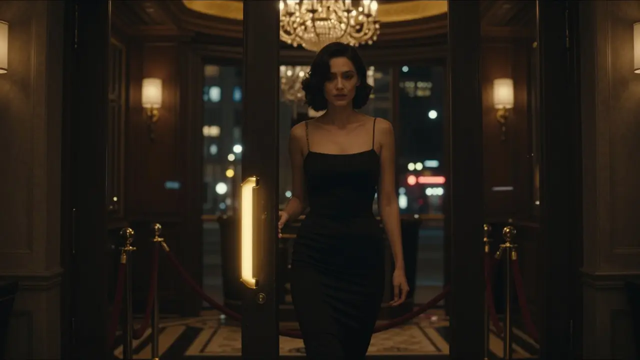 A woman standing at the entrance of a hidden luxury club with velvet ropes and dim chandeliers behind her.