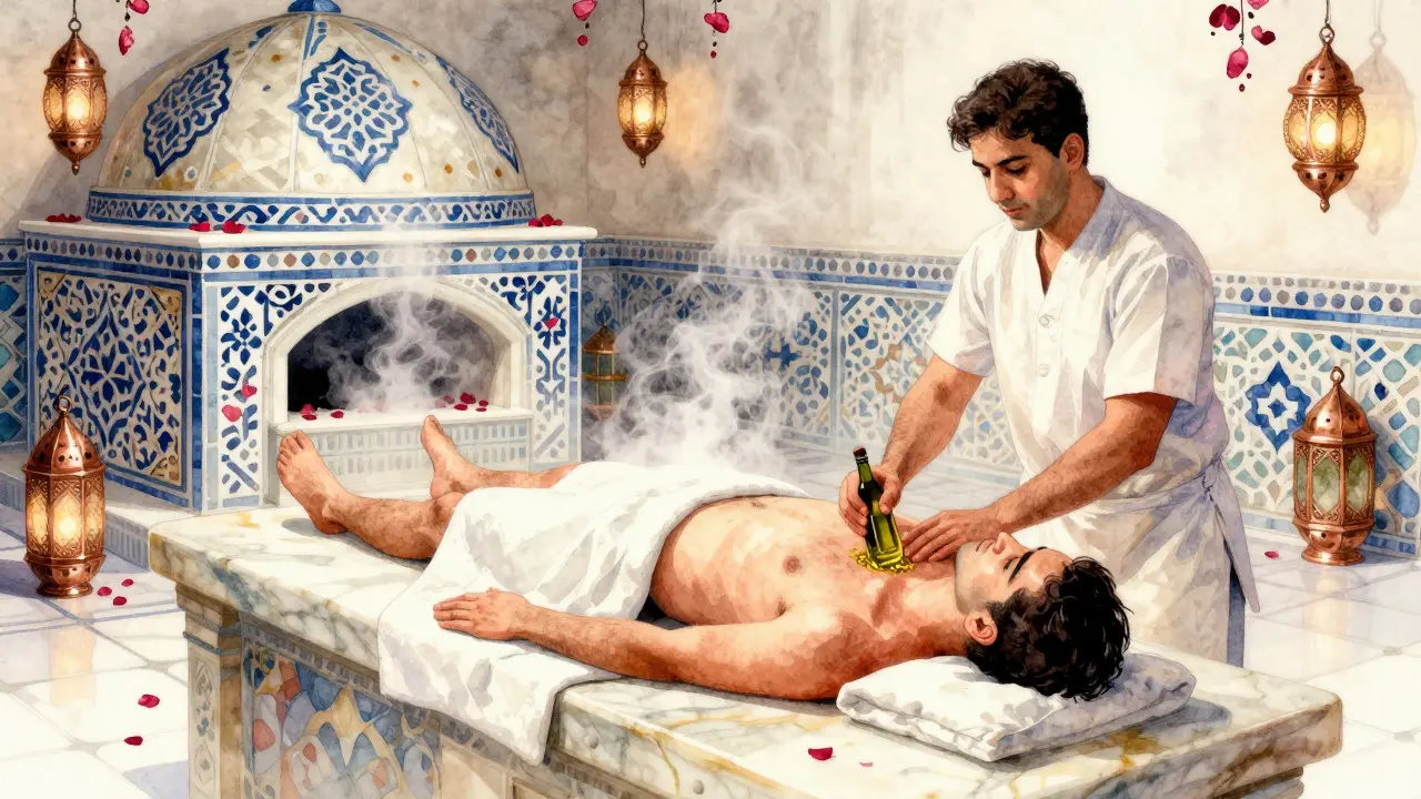 An Arabic Hammam ritual featuring steam, olive oil massage, and traditional tilework in a serene setting.