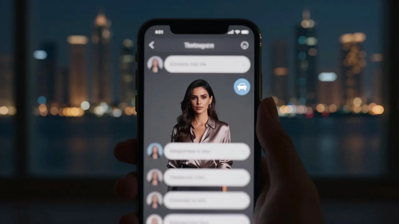 An encrypted chat on a smartphone showing discreet companion service details in Dubai.