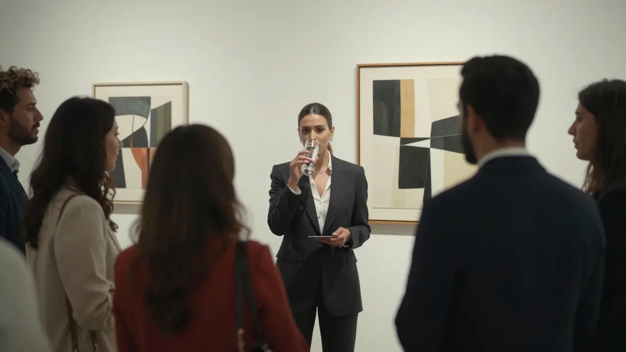 An escort in a tailored suit engages in quiet conversation at an upscale Dubai art gallery.