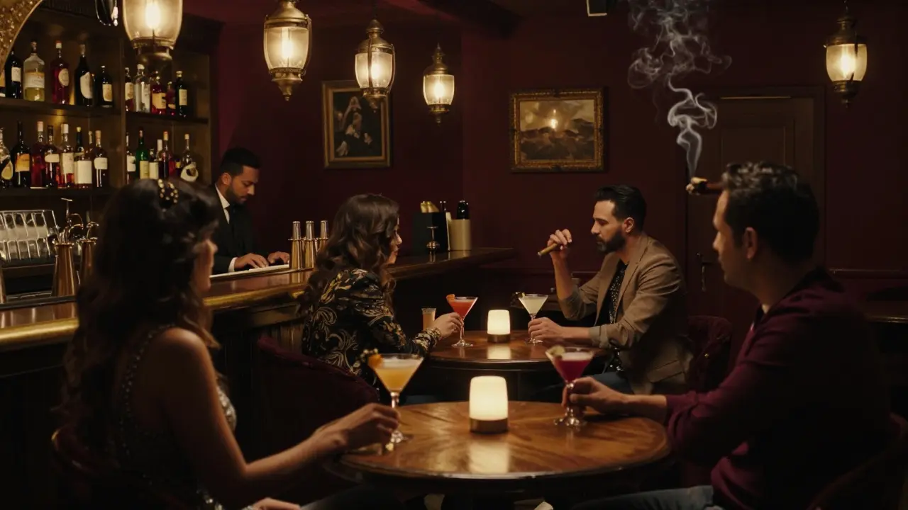 An intimate speakeasy bar in Dubai with patrons enjoying cocktails under soft lantern light and a live pianist playing.