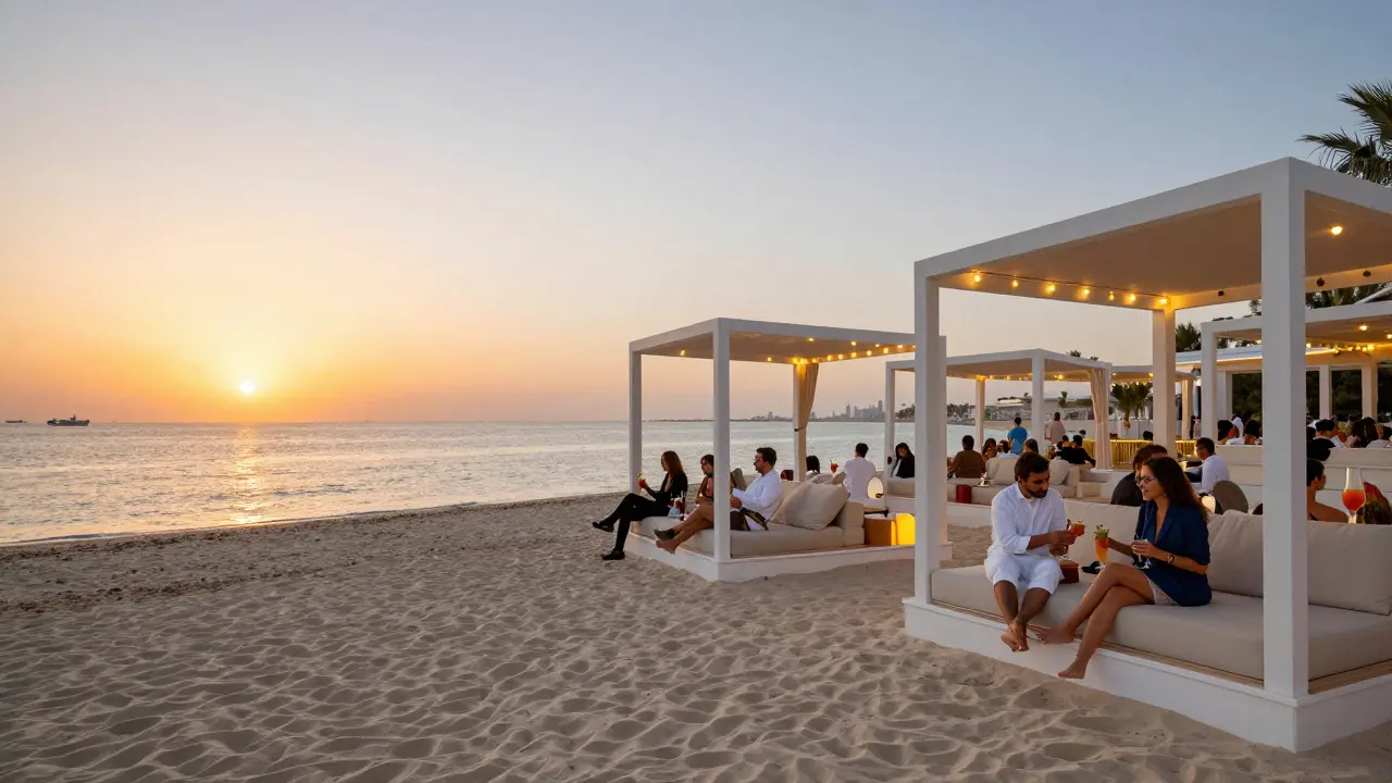 Beach club seating on Palm Jumeirah at sunset