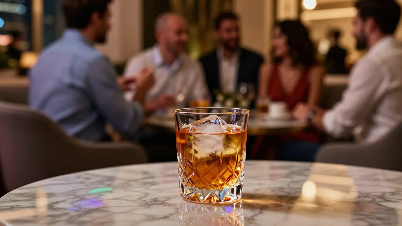 Close-up of cocktail in upscale lounge with blurred stylish crowd.