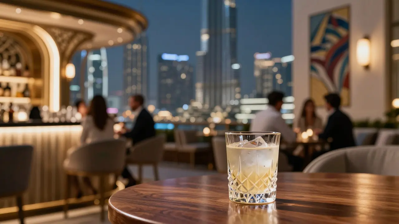 Cocktail on a rooftop bar table with blurred Dubai cityscape background.
