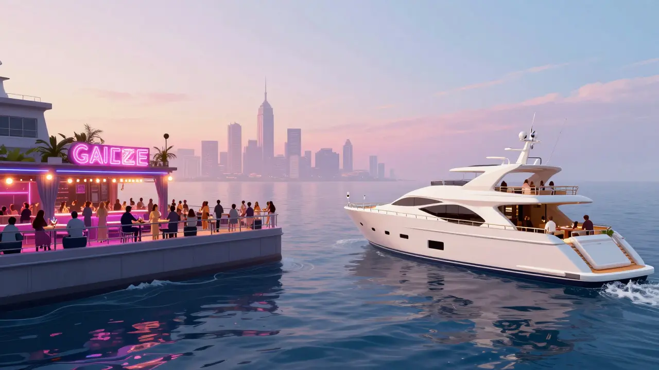 Contrast between crowded rooftop club and serene yacht party with 360° skyline views over calm ocean.