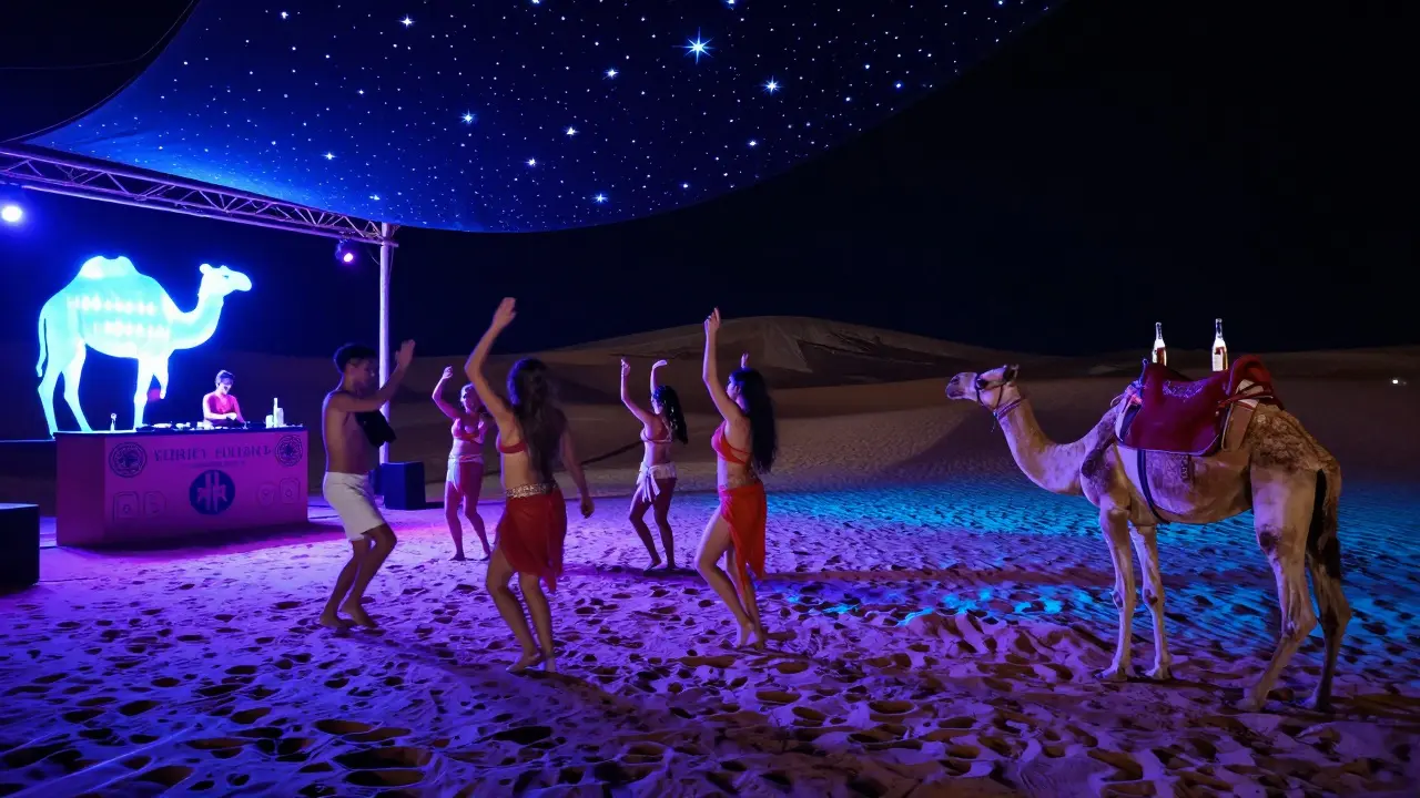 Desert club under starry skies with LED-lit dunes, dancers, and a camel beside a wine bottle.