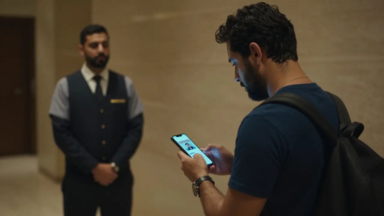 Foreign tourist checking a dating app in a Dubai hotel lobby, staff observing discreetly.