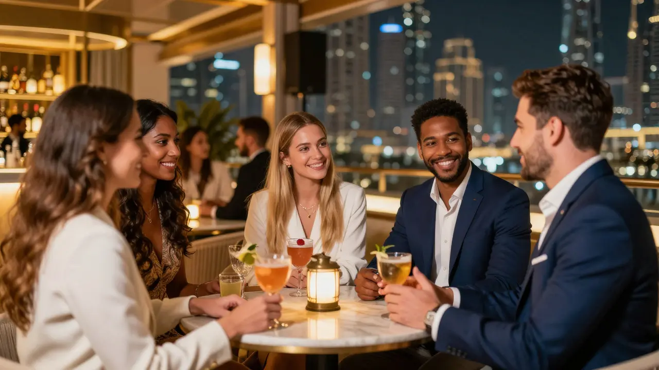 Friends socializing at a luxury rooftop bar with city view.