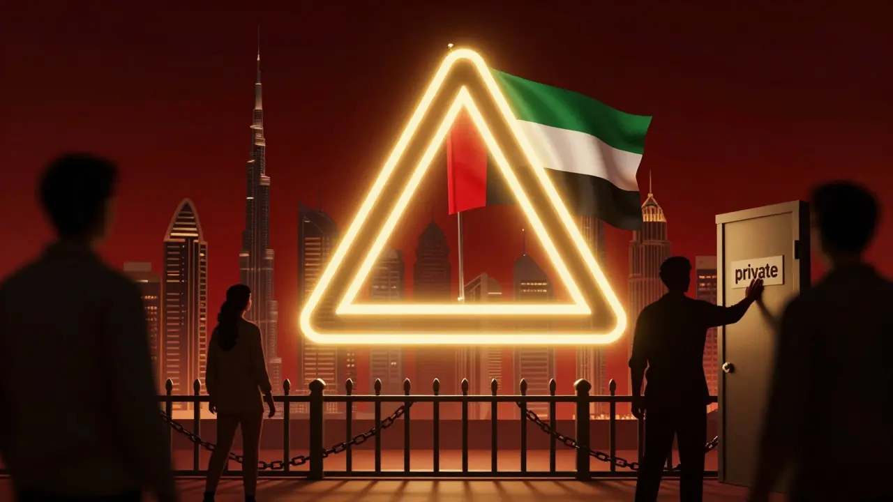 Glowing legal warning symbol above Dubai skyline, shadowy tourists near a hidden door.