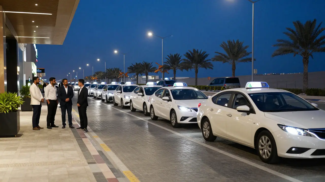 Group waiting for taxis outside venue at night under streetlights.