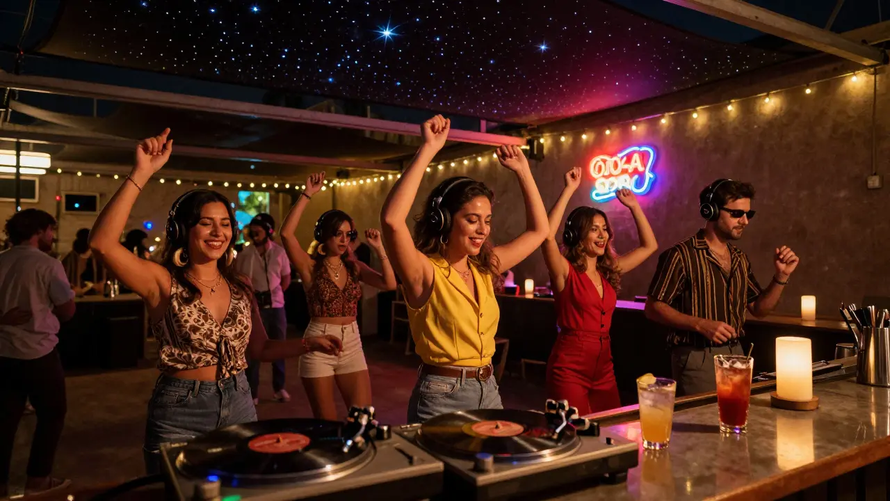 Guests dance silently under stars at a 1970s-themed warehouse party with vinyl records and retro lighting.