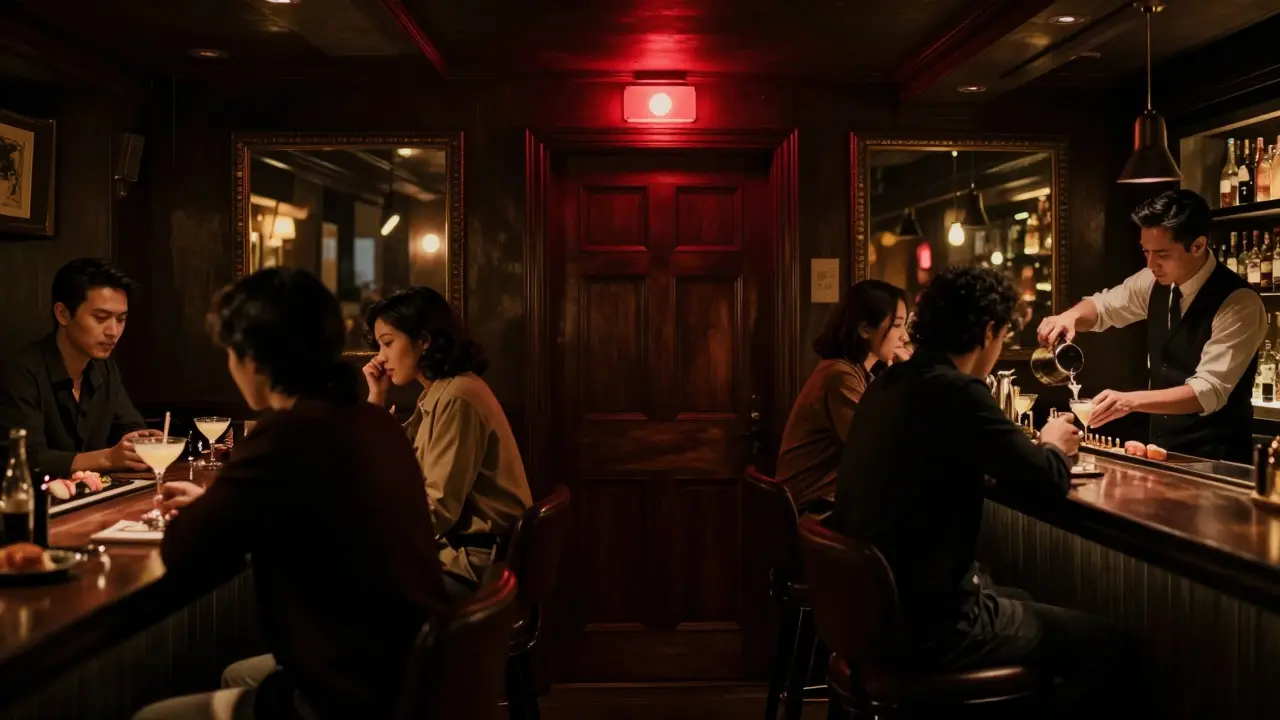 Hidden basement bar with a single red light above the door, patrons in dim amber lighting, no signs visible.