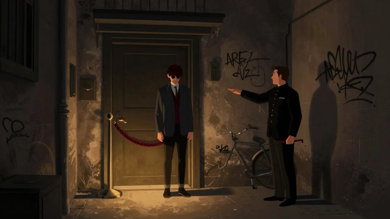 Hidden entrance to The Basement club with velvet rope and golden light, hinting at an exclusive underground experience.