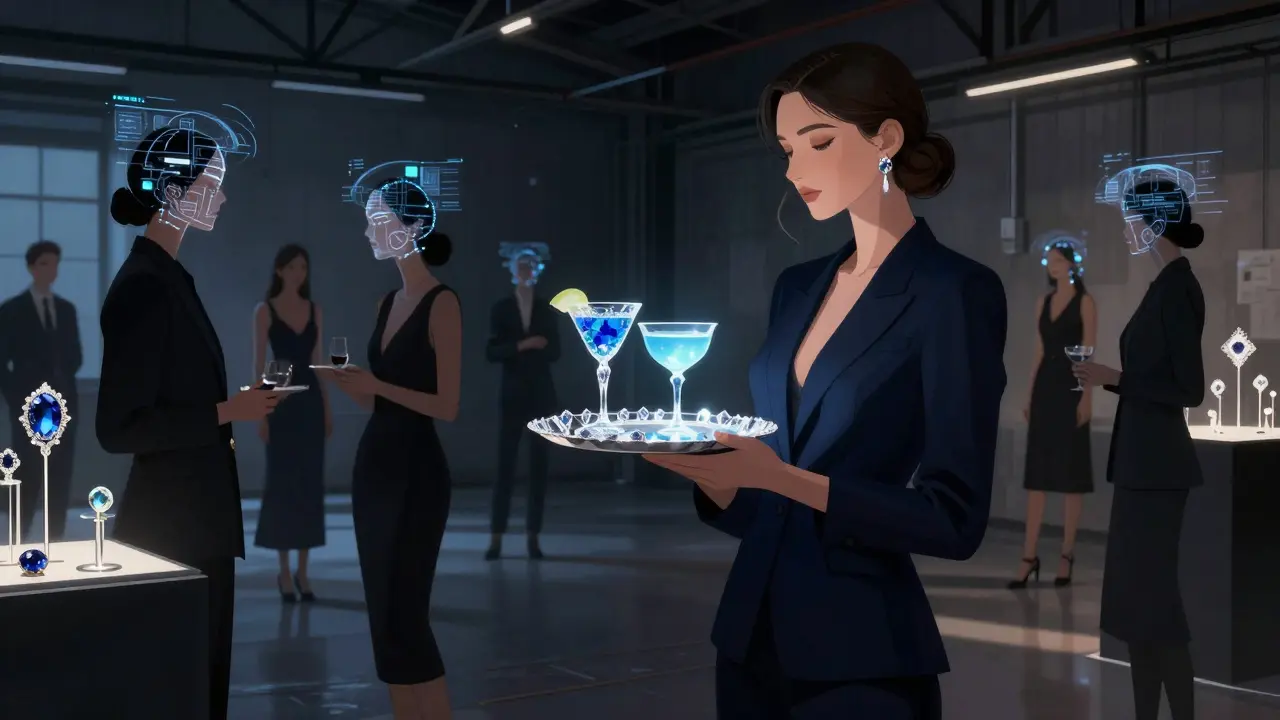 Model host serving drinks with holographic overlays.