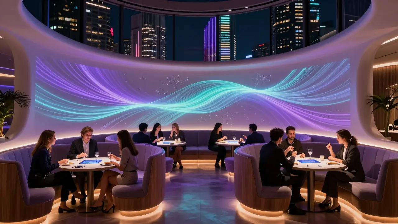 Modern lounge with smart tables and LED lights overlooking Dubai at night