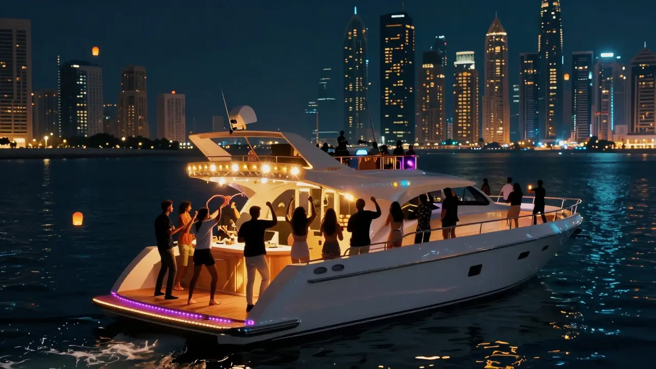 Nighttime party yacht illuminated by LED lights, guests dancing as Dubai Marina sparkles in the background.