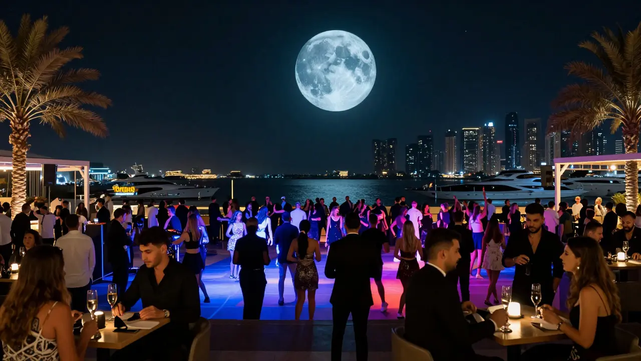 Open-air club White Dubai at night with LED moon, dancing crowd, and Dubai Marina skyline glowing under starlight.