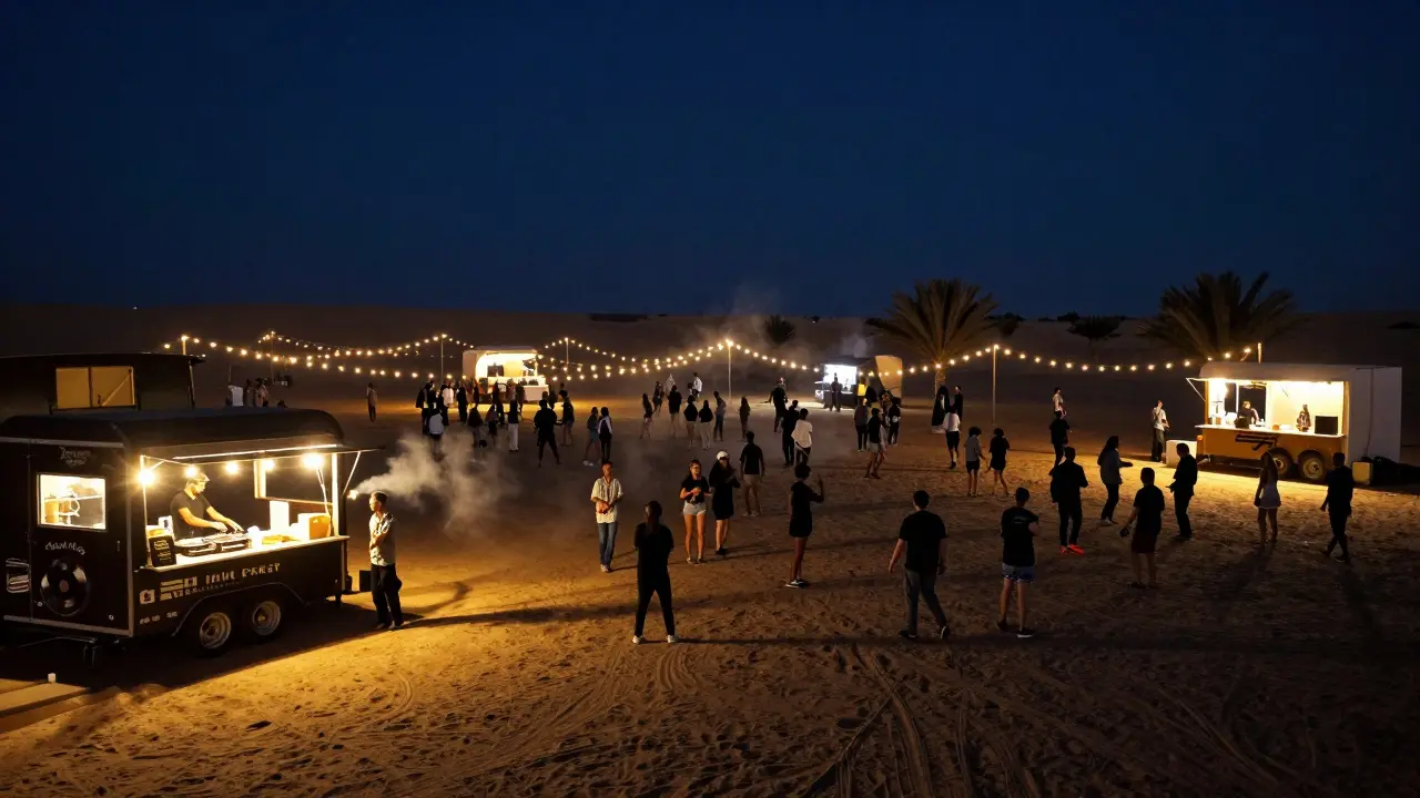 Open-air desert party under string lights with food trucks and diverse crowd dancing at night.