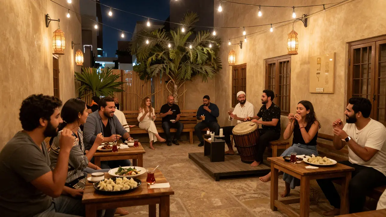 People eat and listen to live percussion in a lantern-lit Dubai courtyard, barefoot and fully present.