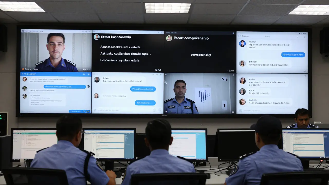 Police officers monitor online activity on multiple screens, tracking flagged keywords related to illegal escort services.