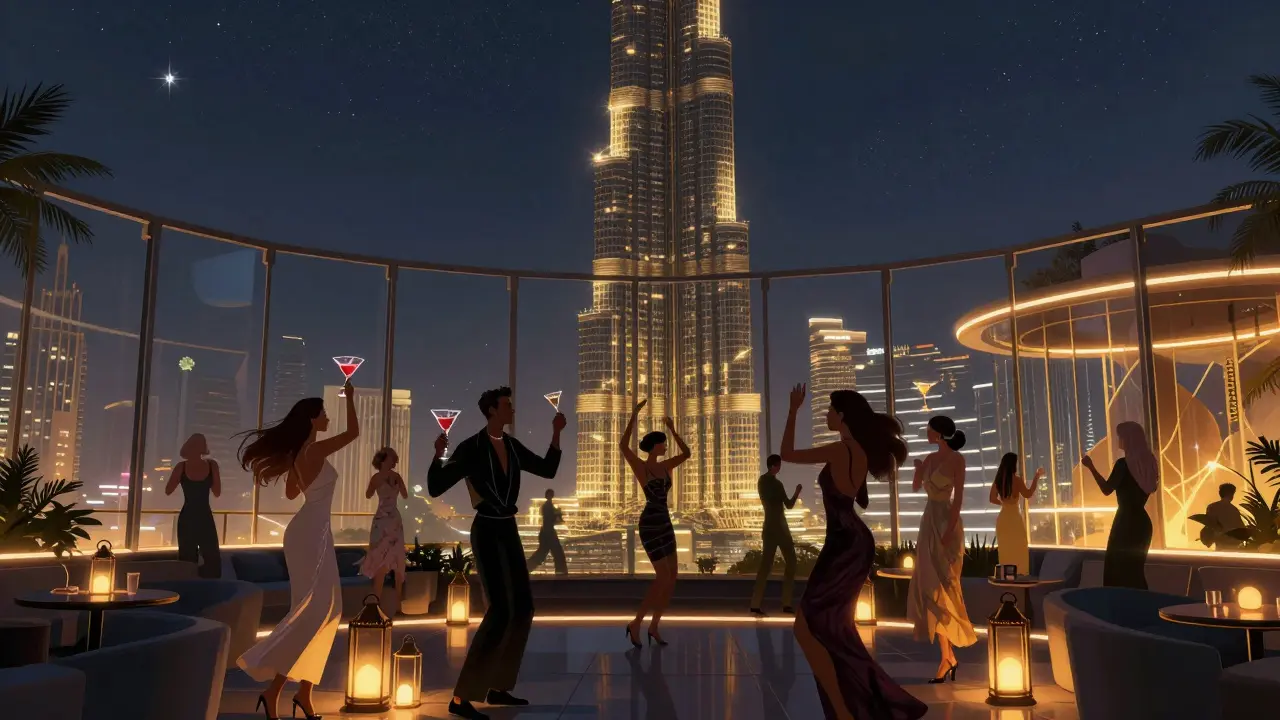 Rooftop party with Burj Khalifa in background, guests dancing under stars under open glass walls.