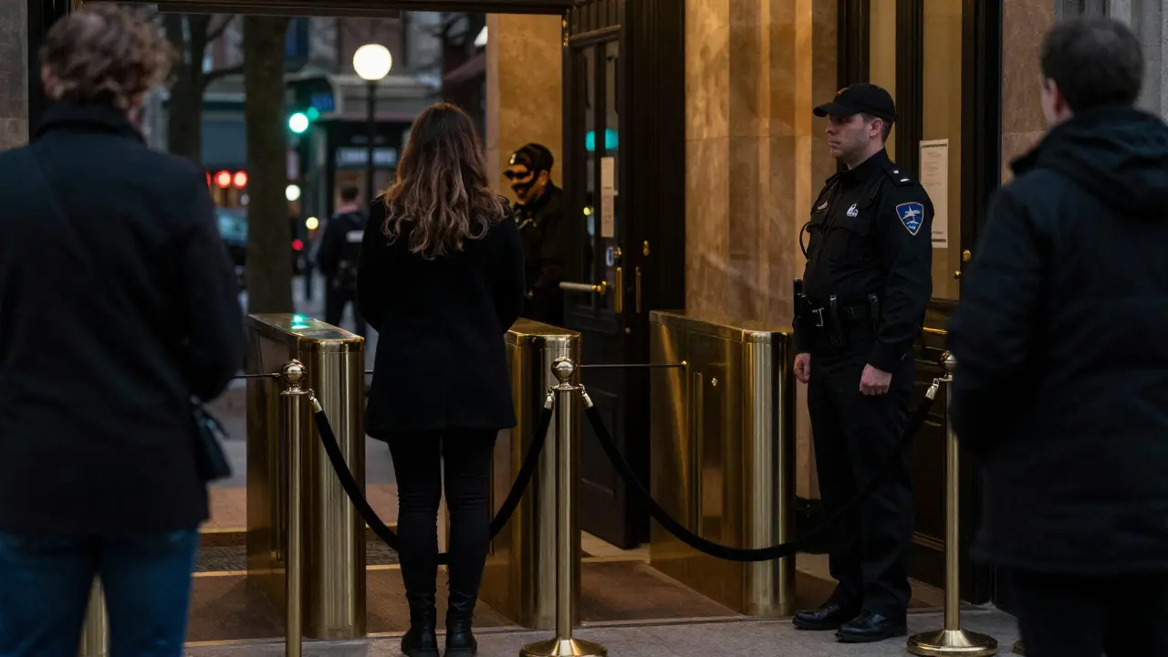 Secure entrance of upscale venue with velvet ropes