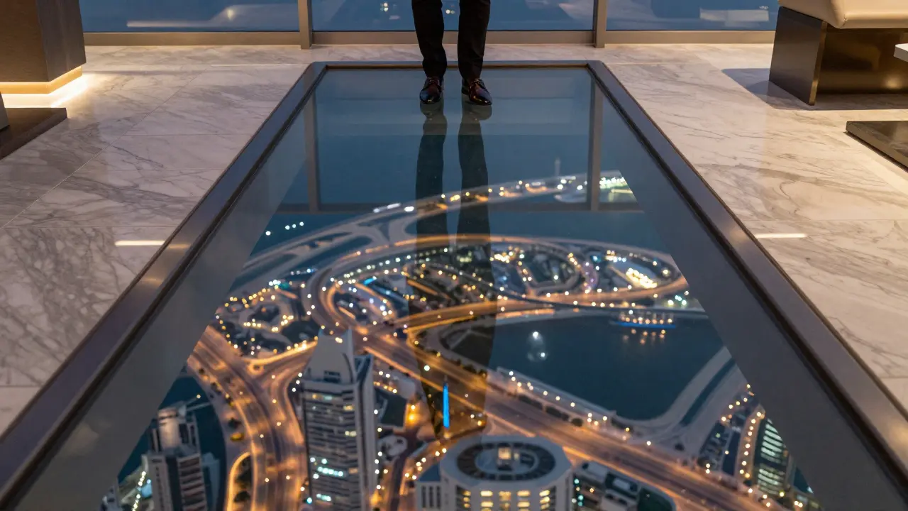 Transparent glass floor at high-altitude venue showing city streets far below