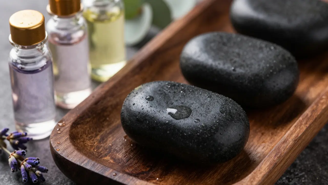 Volcanic hot stones and essential oil bottles arranged on a wooden tray.