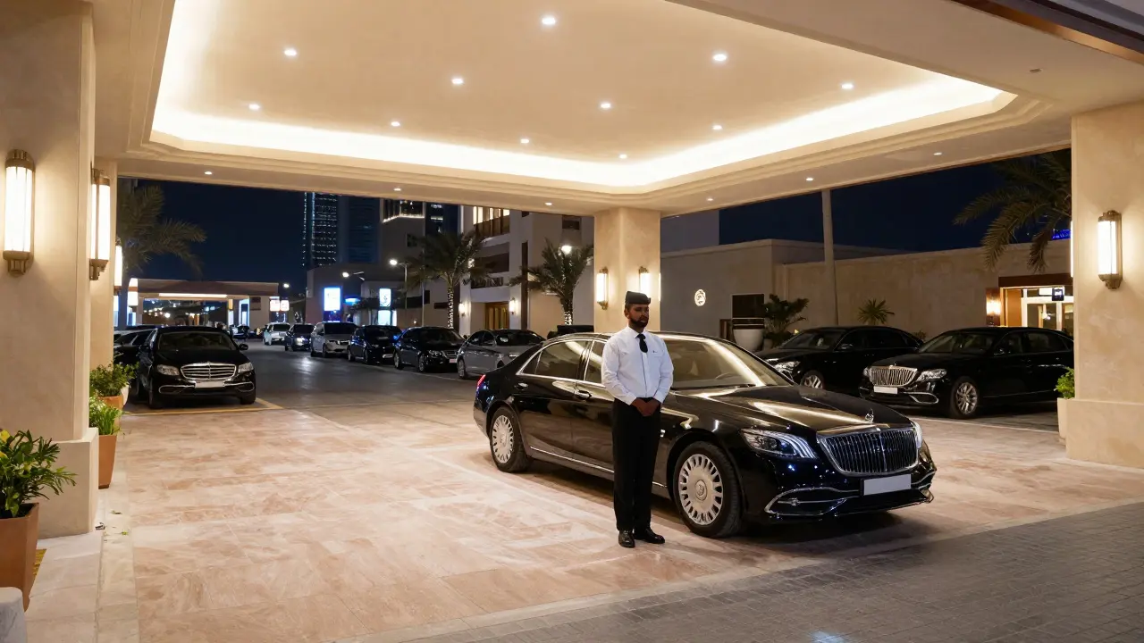 Well-lit hotel entrance plaza with professional staff greeting guests safely.