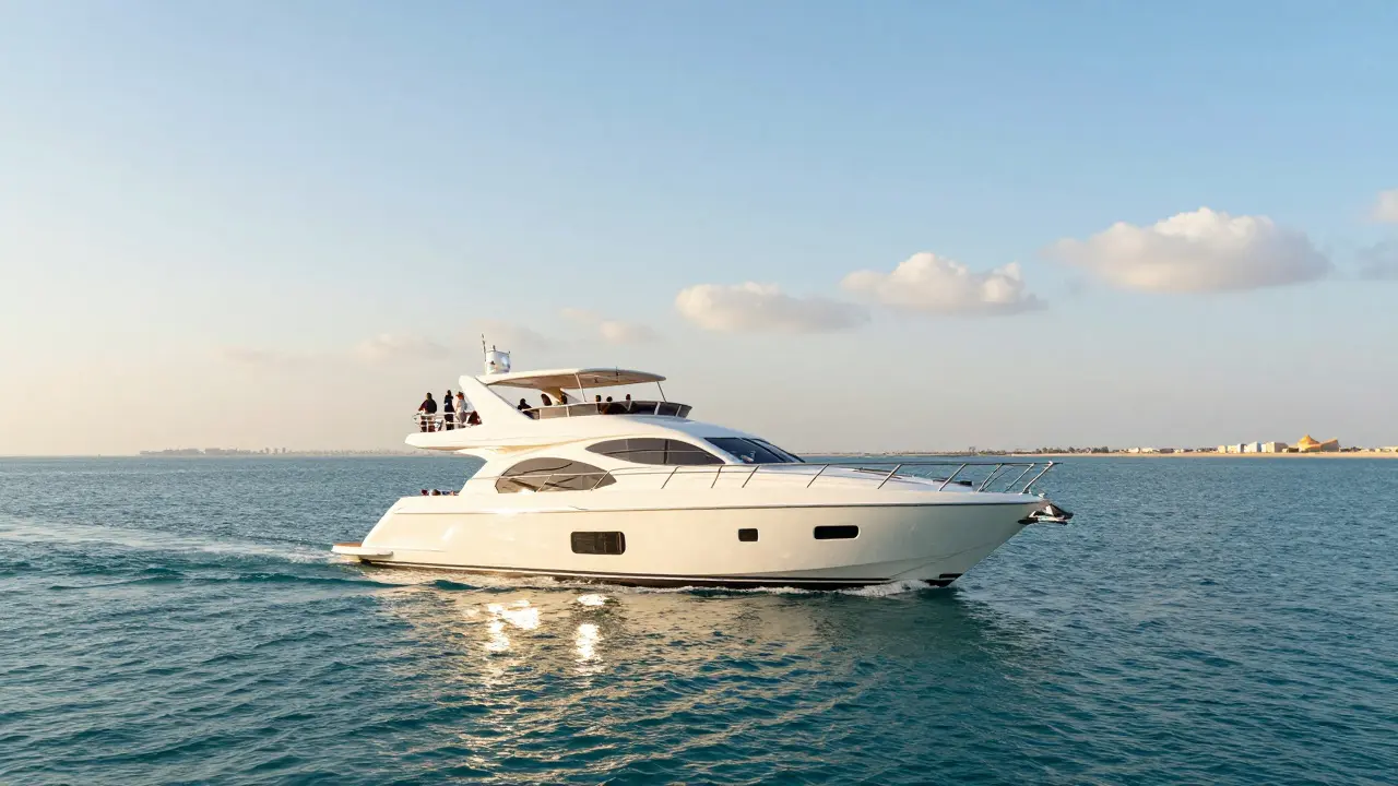 White luxury yacht sailing on calm turquoise waters near coast.