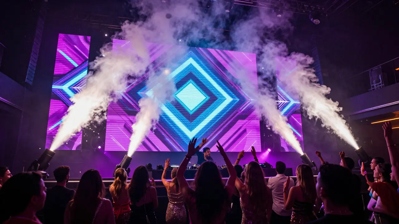 A crowded, high-energy Dubai mega-club with strobe lights, LED screens, and CO2 fog effects.