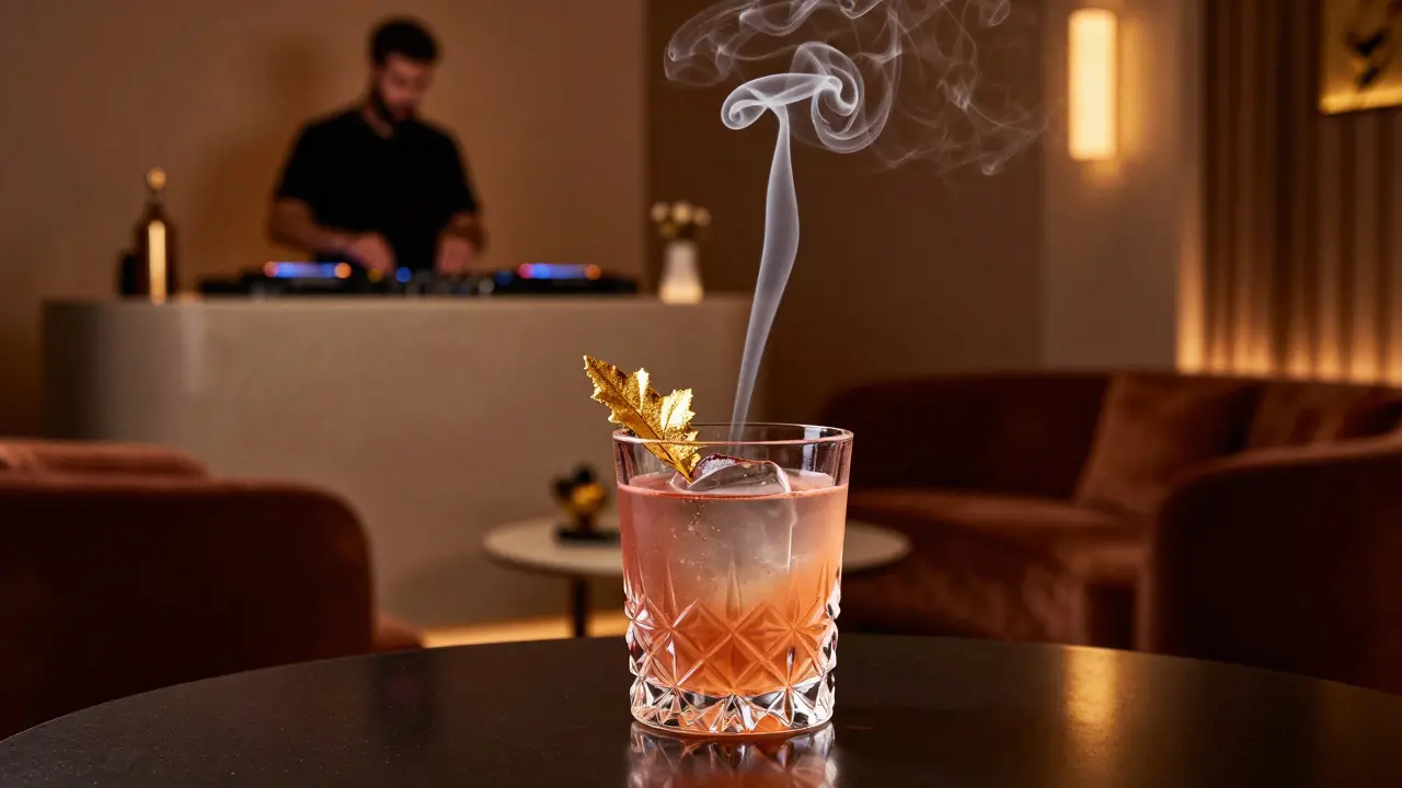 A gold-leaf cocktail with aromatic smoke in a moody, upscale Dubai lounge with a DJ in the background.