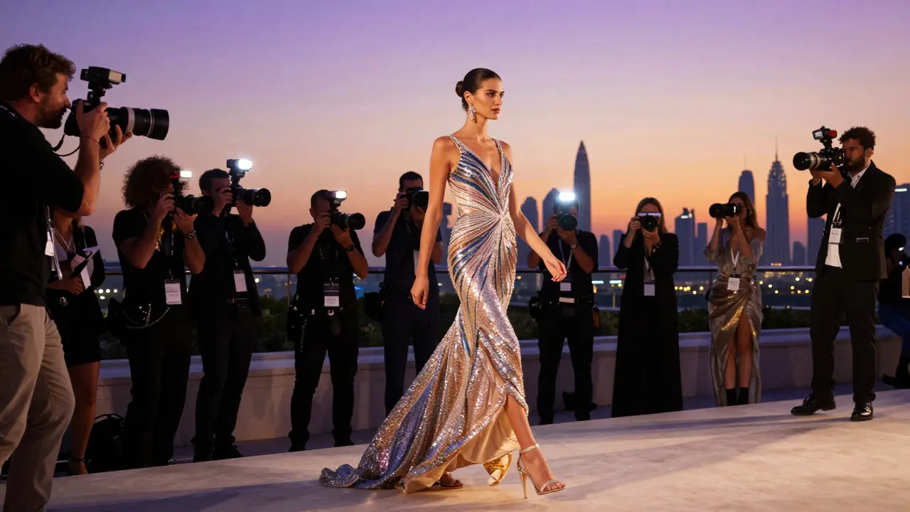Glamorous model in a sequin gown on a rooftop runway with the Dubai skyline at sunset.