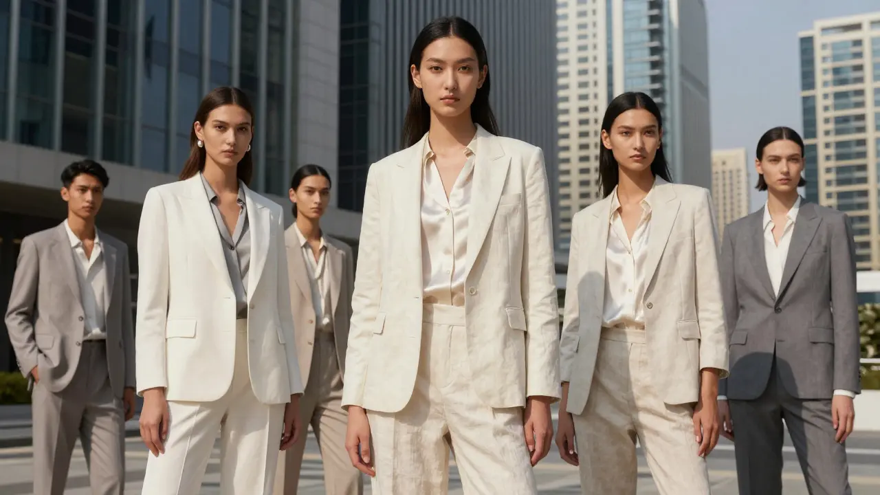 Models in neutral-toned tailored luxury clothing posing in the DIFC business district.
