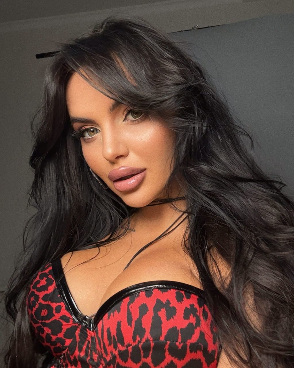 Annabell in a red and black leopard-print top with deep neckline against a gray background.